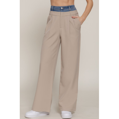 Contrast Denim Waist Straight Long Pants