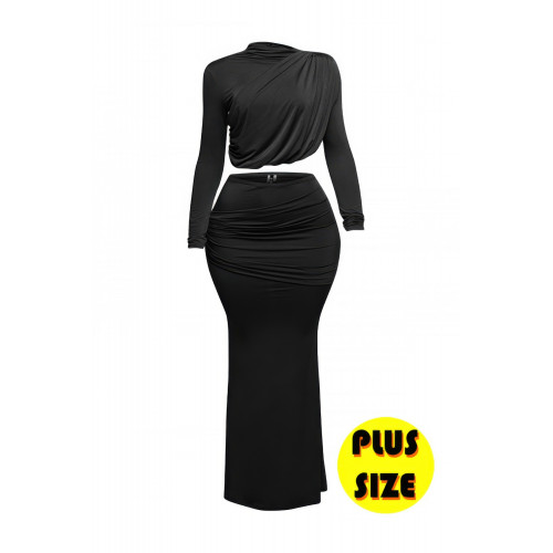 Plus Size Shirring Detailed Top & Long Skirt Set