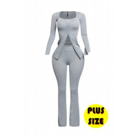 Plus Size Ribbed Pant Set With Slit Detail