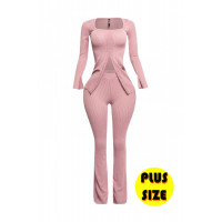 Plus Size Ribbed Pant Set With Slit Detail