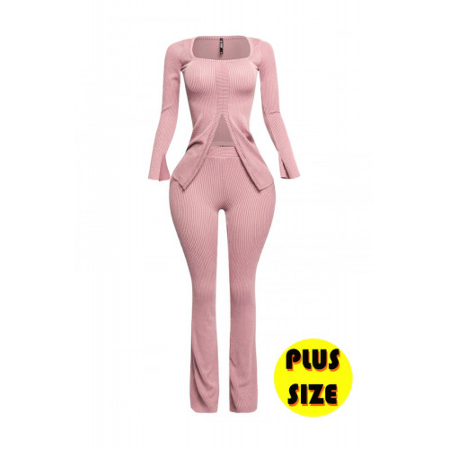 Plus Size Ribbed Pant Set With Slit Detail