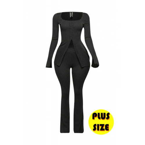 Plus Size Ribbed Pant Set With Slit Detail