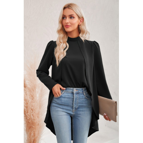 Solid High Low Long Sleeve Blouse