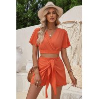 Two Pieces V Neck Ruffle Crop Shirt And Wrap Sets