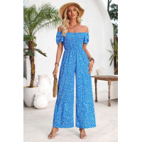 Square Neck Ruched Dot Print Wide Leg Jumpsuit