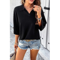 Solid Notched Collar V Neck Knit Short Sleeve Swea