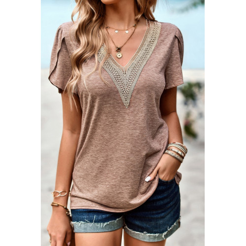 Deep V Neck Lace Ruffle Sleeves Solid Fit Shirt