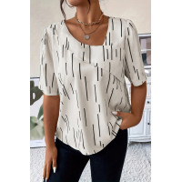 Printed Puff Sleeve Shirt With Line Pattern
