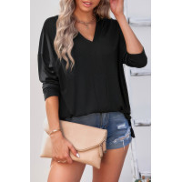 Solid Drop Shoulder V Neck Split Long Sleeve Blous