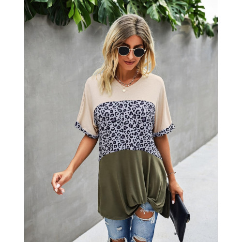 Crew Neck Color Block Animal Print Top