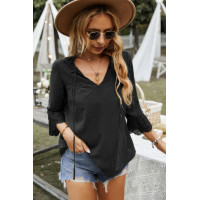 Swiss Dot Lace Splicing Sleeve V Neck Blouse