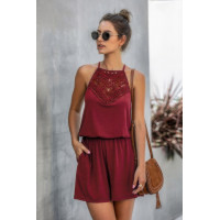Solid Halter Lace Sleeveless Patchwork Romper