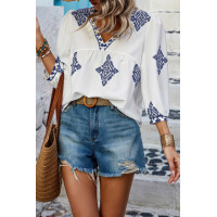 Printed T Shirt V Neck Loose Puff Sleeves Shirts