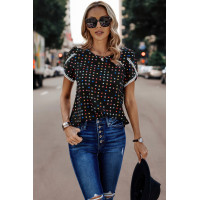 Round Neck Polka Dot Print Petal Sleeve Blouse