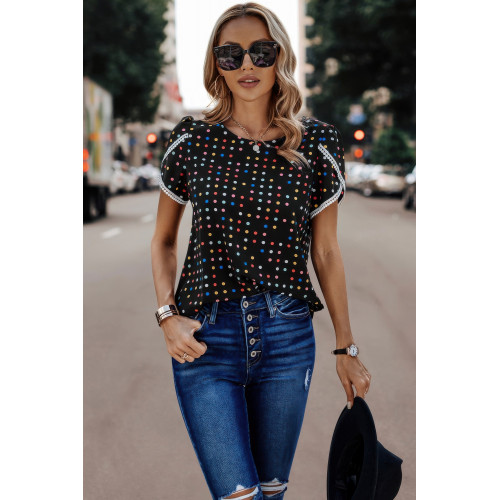Round Neck Polka Dot Print Petal Sleeve Blouse