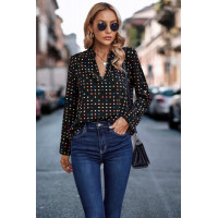 Polka Dot Puff Sleeve Notched Neckline Blouse
