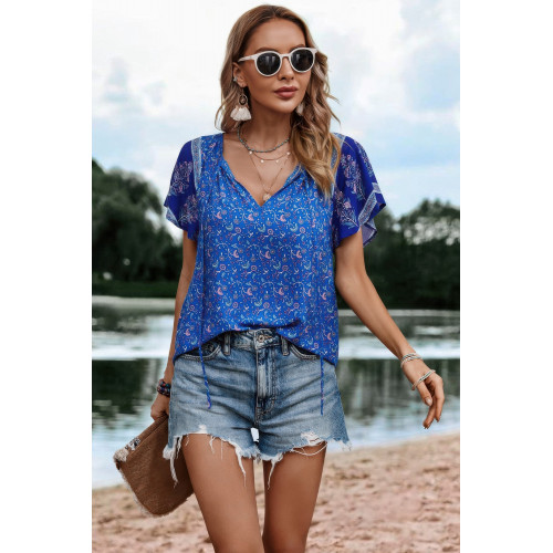 Boho Floral Print Tie Neck Butterfly Sleeve Blouse