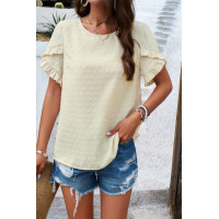 Crewneck Chiffon Polka Dot Ruffle Short Sleeved To