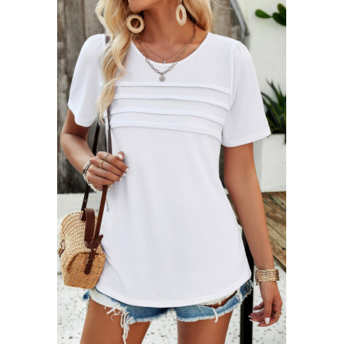Crew Neck Short Sleeve Pleated Elegant Tee T Shirt