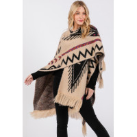 Fuzzy Aztec Pattern Tassel Knit Ruana