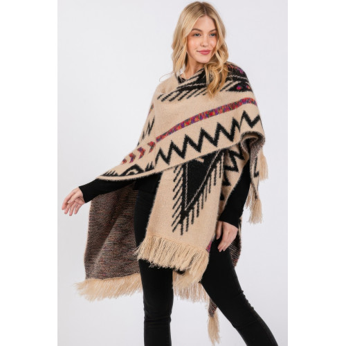 Fuzzy Aztec Pattern Tassel Knit Ruana