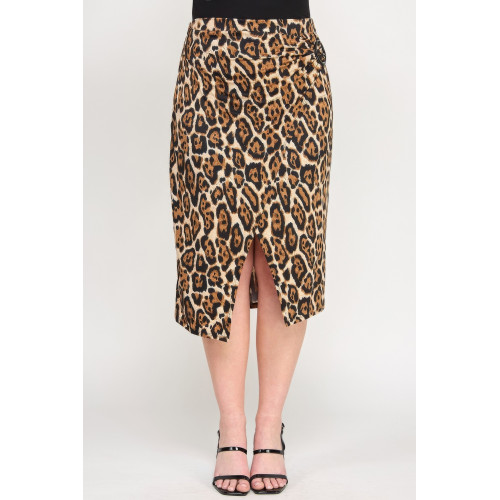 Plus Leopard Prt Asym Skirt W/ Buckle