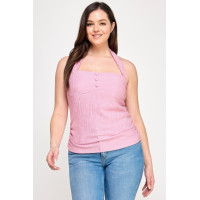 Plus Halter Tie Crinkle Knit Top