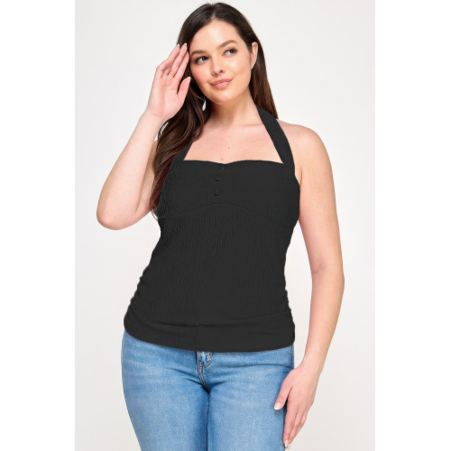 Plus Halter Tie Crinkle Knit Top
