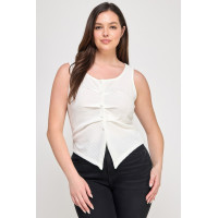 Plus Sleeveless Crinkle Knit Faux Button Down Top