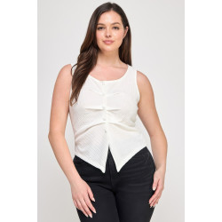 Plus Sleeveless Crinkle Knit Faux Button Down Top