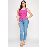Plus Sleeveless Crinkle Knit Faux Button Down Top