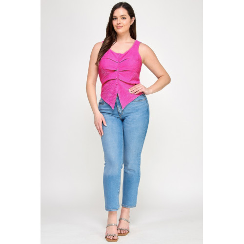 Plus Sleeveless Crinkle Knit Faux Button Down Top