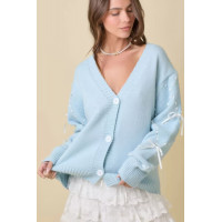 Hand Sewn Satin Ribbon Detail On Sleeve Cardigan