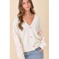 Hand Sewn Satin Ribbon Detail On Sleeve Cardigan