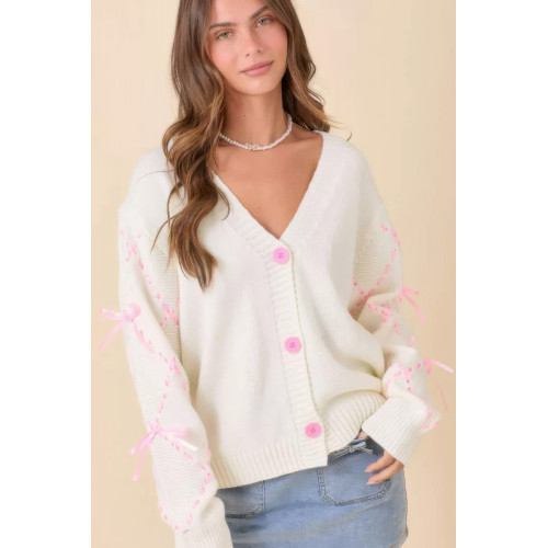 Hand Sewn Satin Ribbon Detail On Sleeve Cardigan