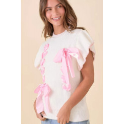 Weaved Ribbon Bow Detail Sweater Knit Top