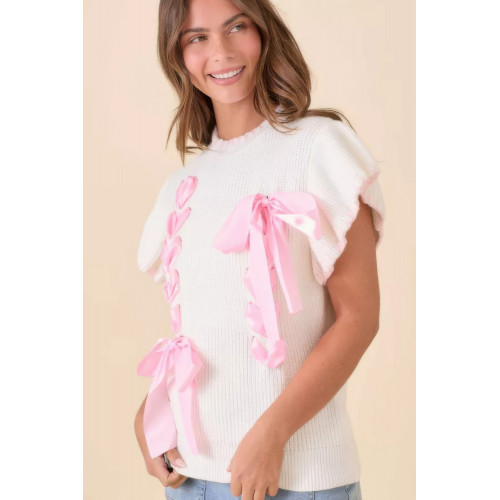 Weaved Ribbon Bow Detail Sweater Knit Top