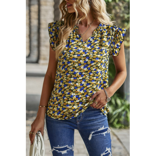 Floral Pleated V Neck Flutter Sleeve Pullover Top