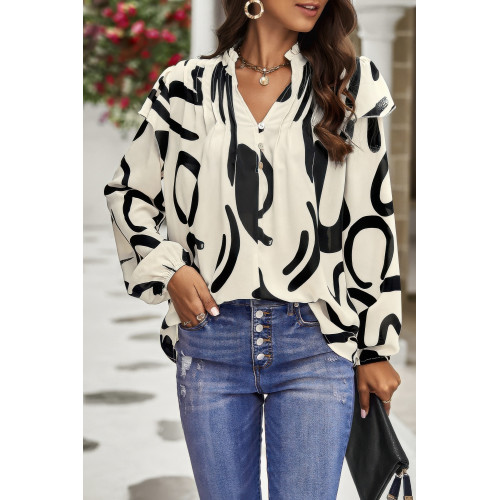 Floral V Neck Button Ruffle Long Sleeve Top