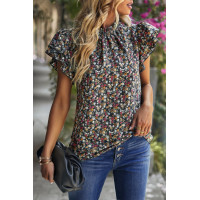 Floral Mock Neck Ruffle Short Sleeve Shirt