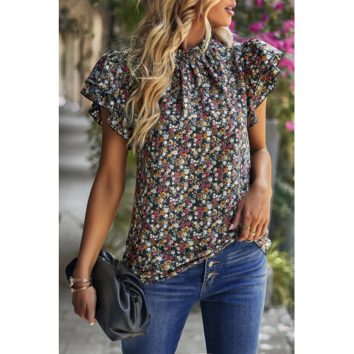 Floral Mock Neck Ruffle Short Sleeve Shirt