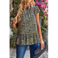 Ruffle Frill Trim Mock Neck Short Sleeve Shirt