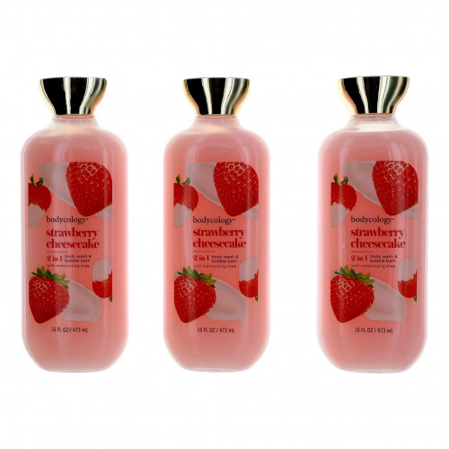 Strawberry Cheesecake by Bodycology, 3 Pack 16 oz 2 in 1 Body Wash & Bubble Bath for Women - PS-AWBCSC16BW