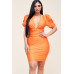 Solid Short Puff Sleeve Dress With Plunged V Neck Line
