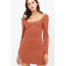 U Neck Of Front And Back Side, Basic Rib Dress With Long Sleeve