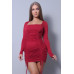 Sexy & Chic Long Sleeve Square Neck Ruching Tie Basic Dress