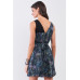Navy Blue Sleeveless Mesh V-neck Self-tie Waist Stitched Together Bottom Mini Dress