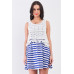 White & Navy Horizontal Striped Round Neck Sleeveless Floral Embroidery Layered Top Mini Dress