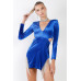 Royal Blue Velvet Side Slits With Rhinestone Trim V-neck Long Sleeve Cut-out Mini Dress