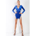 Royal Blue Velvet Side Slits With Rhinestone Trim V-neck Long Sleeve Cut-out Mini Dress